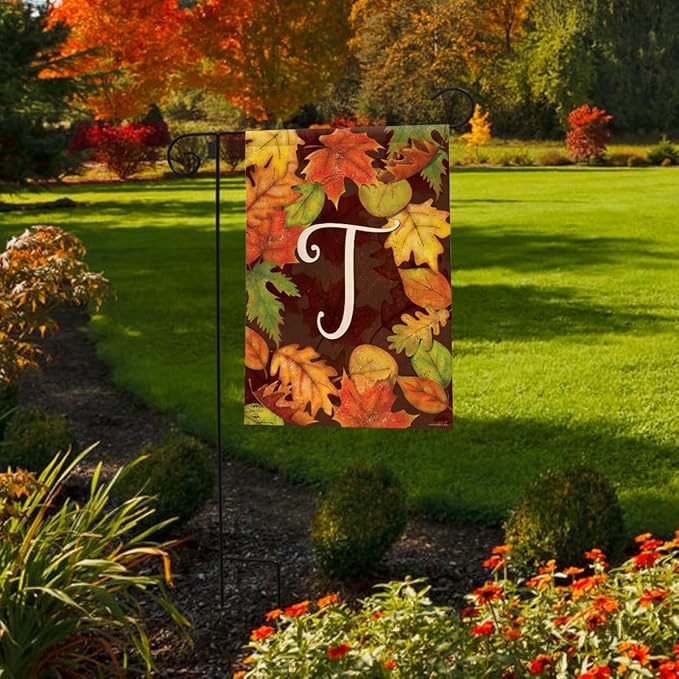 Briarwood Lane Fall Leaves Monogram Letter T Garden Flag