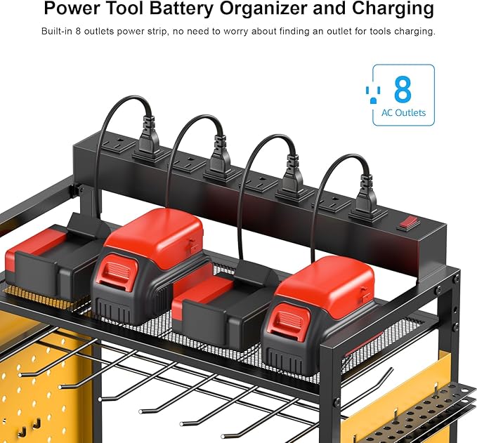 CCCEI Garage Power Tools Organizer Cart with Charging Station, Yellow Floor Standing Rolling Drill and Tools Battery Storage Cart on Wheels. Utility Rack Gift for Men, Husband, Father.