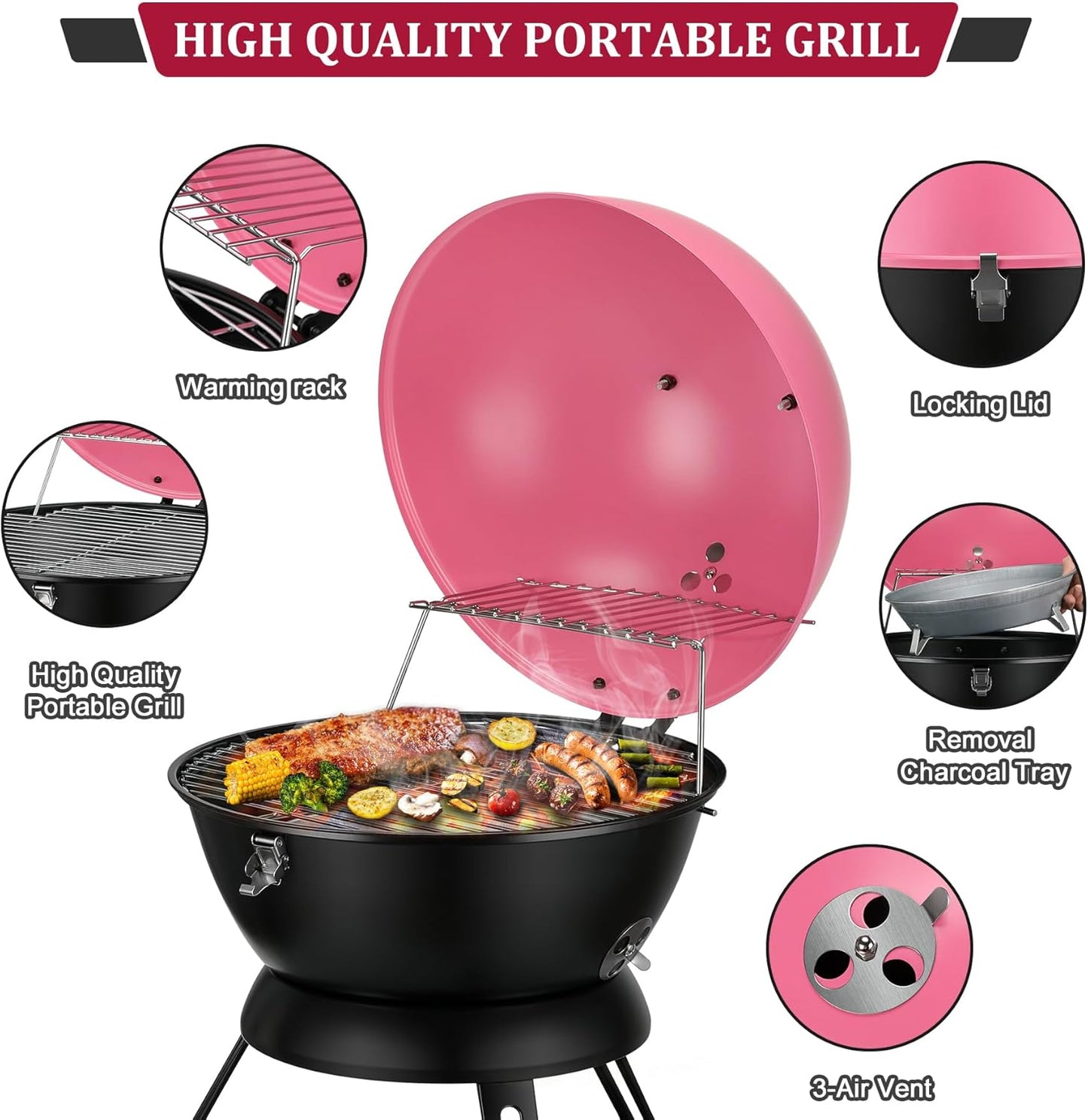 14inch Portable Charcoal Grill with Warming Rack, Small bbq Charcoal Grill Tabletop Foldable Grills for Backyard, Camping, Pink