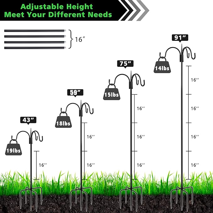 FEED GARDEN [Upgrade Version 92 Inch Three Shepherd Hooks for Outdoor,Bird Feeder Pole with 5 Prong Base, Adjustable Shepard Hooks for Hanging Plant, Solar Lanterns, Wind Chimes, 2 Pack
