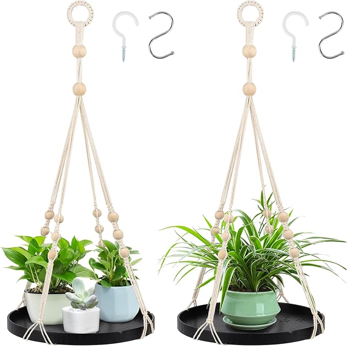 SUREAM 2 Packs Indoor Outdoor Hanging Plant Holder, Plant Holder Shelf with Large Tray, Plant Hanging Basket for Indoor Outdoor Plants, Window Wall Ceiling Home Decor (No Plant/Pot Included)