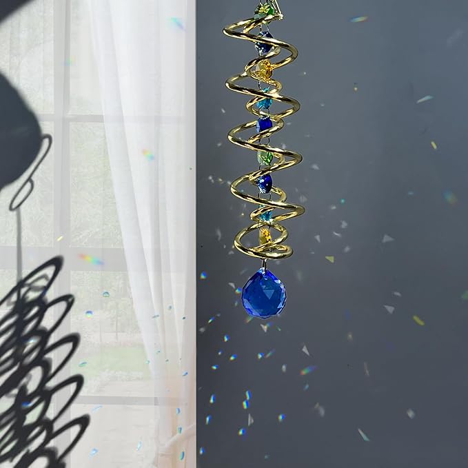 FONMY Gazing Ball Spiral Tail -Decorative Wind Spinner Sun Catcher Rainbow Maker Golden Double-Spiral W/Sea Blue Crystal Ball and Chain Crystals Beads for Indoor Outdoor Garden Decoration -14 inch H
