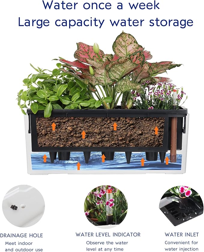 GardenBasix Elongated Self Watering Planter Pots Window Box 5.5 x 16 inch Indoor Home Garden Modern Decorative Planter Pot for All House Plants Flowers Herbs (Dark Grey,1-Pack)