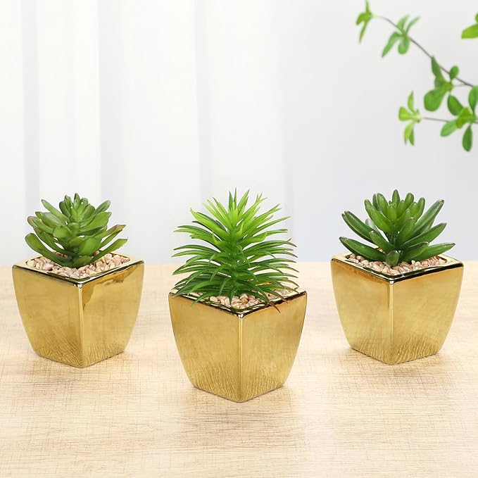 Hollyone Small Succulents Artificial 3 Pcs Faux Succulents with Gold Pots Mini Fake Succulent Plants Indoor Plant Ceramic Pots for Modern Office Desk Bathroom Shelf Living Room Home Decor