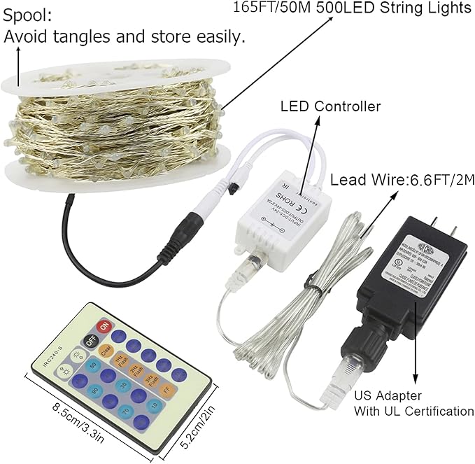 RUICHEN Cool White Dimmable Fairy Lights Plug in, Super Long 165 Ft 500 LED Twinkle String Lights with Remote, Waterproof Silver Wire Firefly Lights for Christmas Wedding Party Bedroom Patio Garden