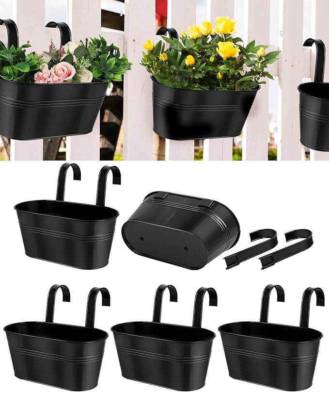 vensovo Metal Railing Planter for Outdoor Plants - 5 Pack Balcony Hanging Flower Pots with Detachable Hooks and Drain Holes Oval Bucket Rail Box Fence Planters for Home Garden Decor, Black