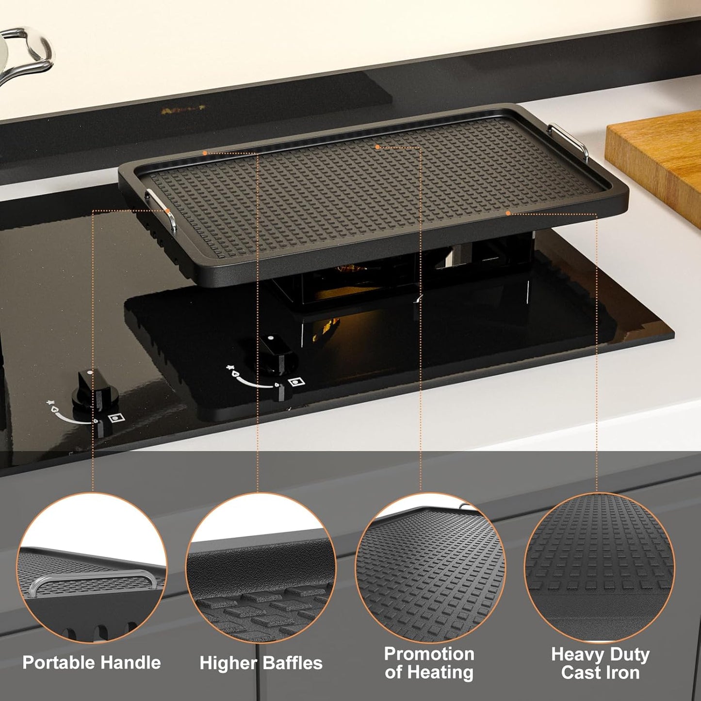 Cast Iron Griddle for Gas Grill Universal, 15" x 8.7" Griddle Pan for Stove Top with Handle, Grill Griddle, Stove Top Griddle for Charcoal/Gas/Electric Grills, Cast Iron Grill Pan for Outdoor/Camping