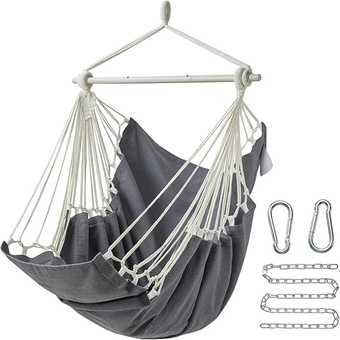 Hanging Hammock Chair Swing MAX 500 lbs Outdoor Hanging Chair with Footrest Indoor Swing Chair with Portable Steel Spreader Bar and Hardware Kit for Bedroom Living Room Patio Porch - Dark Grey
