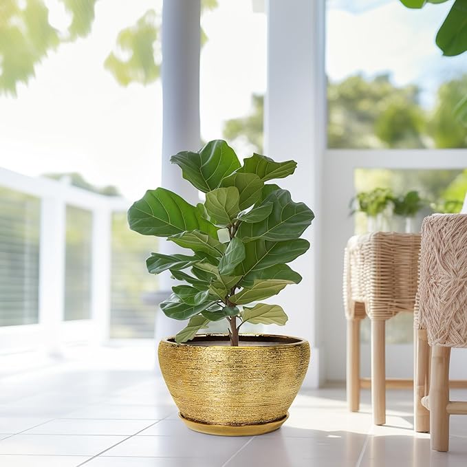 Ceramic Planter 13 Inch - Indoor Plant Pot with Drainage Hole and Saucer Large Ceramic Pot for Plants Mid-Century Decorative Modern Outdoor Flower Pot for Home Decor Gold