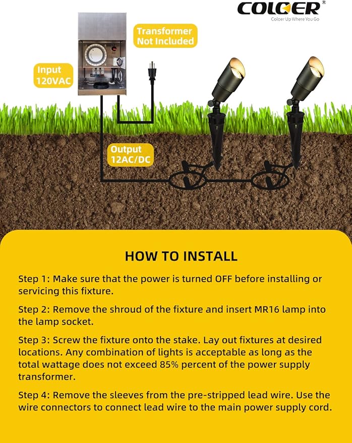 COLOER Die-cast Brass Landscape Spotlights, 12V AC/DC Low Voltage Outdoor Spotlight Fixture Wired, Outdoor Uplights for Trees,House, Garden and Patio (101B,Bronze,6-Pack Without Bulb)