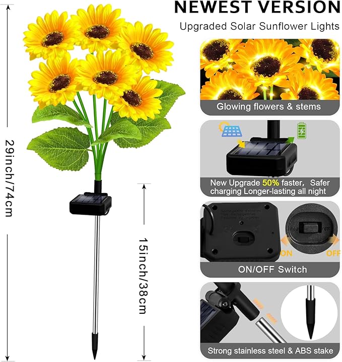 Solar Lights Outdoor Garden Decor,4 Pack with 24 Sunflower Lights,Solar Flowers Lights Waterproof,Sunflowers Gifts for Mom Women Grandma Birthday,Decorative Stakes Lights for Yard Patio Lawn
