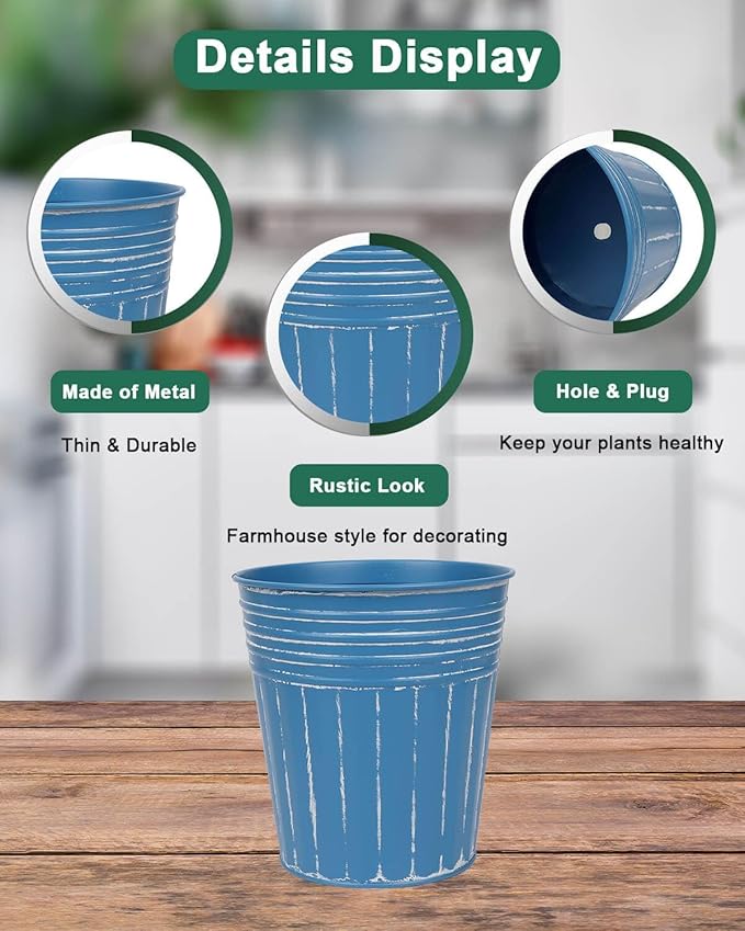 vensovo 7 Inches Blue Metal Rustic Flower Pots - 6 Pcs Medium Galvanized Planters with Drainage Hole and Rubber Plug, Rustproof Tin Bucket Plant Pot Farmhouse Vintage Style for Decor