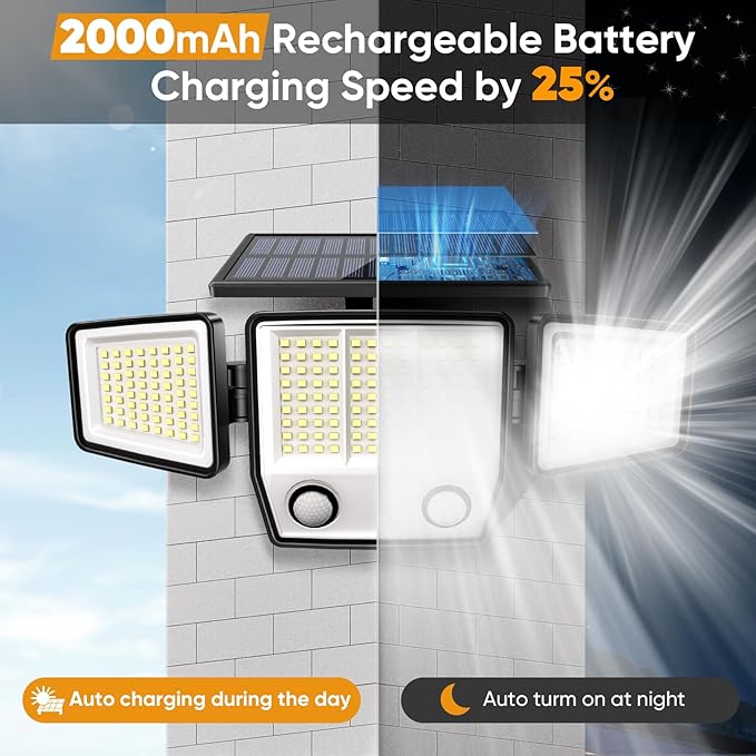 Solar Motion Sensor Outdoor Lights Waterproof - 3000LM 3 Modes Security Lights Outdoor 270° Illumination IP65 LED Solar Flood Wall Light for Garden Yard Patio Pathway (2 Pack)