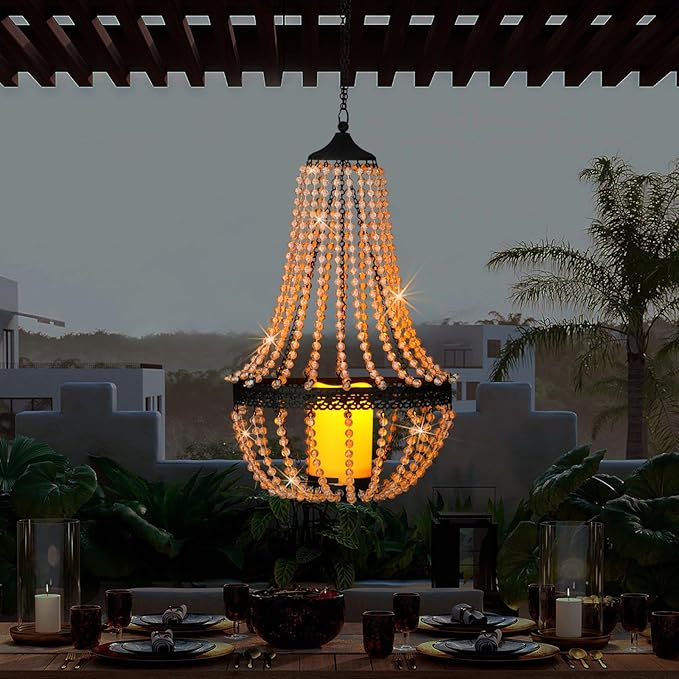 Hanging Candle Lantern, 27” Battery Operated Modern Clear Acrylic Crystal Chandeliers with Flickering Yellow Led Candle Light S Hooks for Garden, Backyard, Gazebo, Room Indoor Outdoor Decor