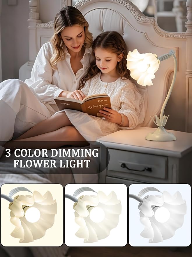 Flower Table Lamp,LED Reading Light Bedside Vintage Flower Night Light,3 Colors Modes Kawaii Bedside Lamps Decor,Living Room Bedroom Room Lighting Table Lamps Home Decoration (White)
