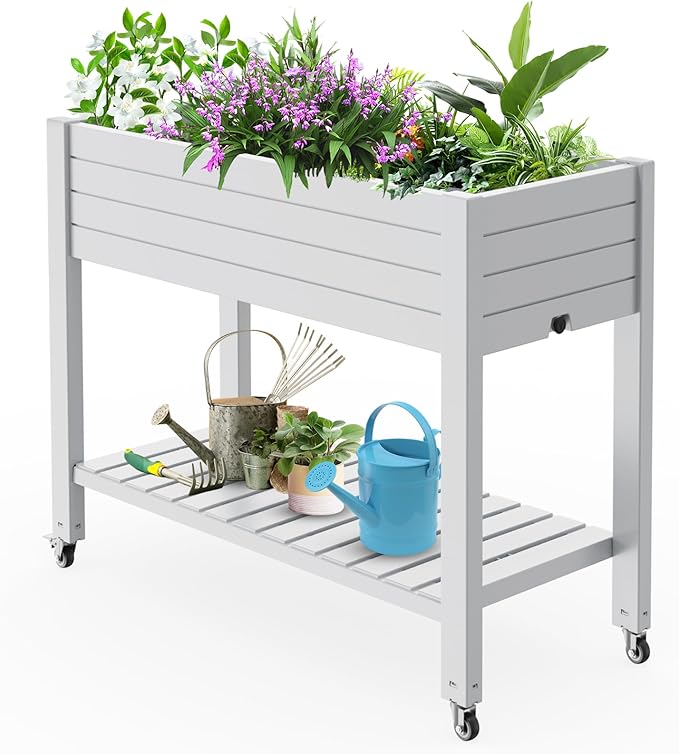 Elevated Horticulture Raised Garden Bed with Legs, Divisible Raised Resin Planter Box for Backyard, Patio, Balcony, with 4 Legs, 4 Swivel Lockable Wheels, and Storage Shelf,Ashen