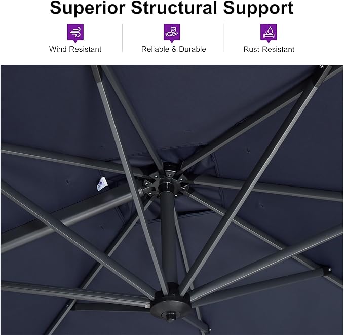 PURPLE LEAF 10 Feet Patio Umbrella With Base Outdoor Cantilever Round Aluminum Offset With 360-Degree Rotation for Deck Garden Pool Navy Blue