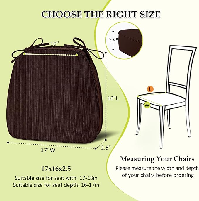 Chair Cushions for Dining Chairs, Indoor Chair Cushions with Ties，Waterproof Chair Pads Set of 4, Brown, 17x16x2.5 Inch
