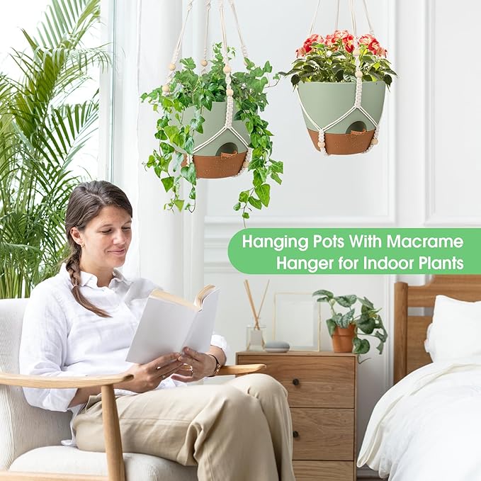 Hanging Planters for Indoor Outdoor Plants, 2 Pack Self Watering Hanging Pot with Drainage Holes, Removable Tray & 2 Kinds of Plant Hangers, 10'' Hanging Flower Pots for Home Garden Decor, Green