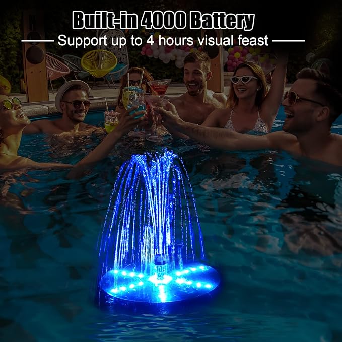Solar Bird Bath Fountains Upgraded, 4W Solar Powered Water Fountain Pump with 7 Nozzles & 4 Fixers, 4000 Battery, 7 Colors LED Light for Garden, Pond, Pool, Fish Tank, and Outdoor