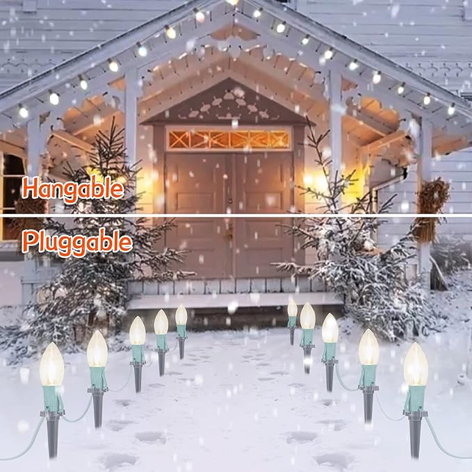 C9 Christmas Lights Outdoor, 4 Packs Total 102.8 Ft 80 Bulbs Christmas Pathway Lights, Waterproof Walkway Lights for Outside Driveway Sidewalk Outdoor Christmas Decorations Yard, Clear