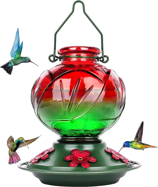 BOLITE Hummingbird Feeder, Glass Hummingbird Feeders for Outdoors Hanging, 22 Ounce, Five Feeding Ports with Perch, Peony Flower Shape, Red and Green, Gifts for Women Men, Gifts for Mom Dad