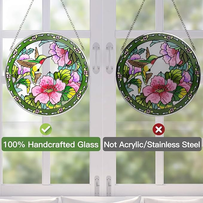 Godferyxin Stained Glass Suncatcher Handmade Glass Hummingbird Suncatcher 8" Stained Glass Hanging Decoration for Window or Wall for Mom,Grandma,Teacher,Friend