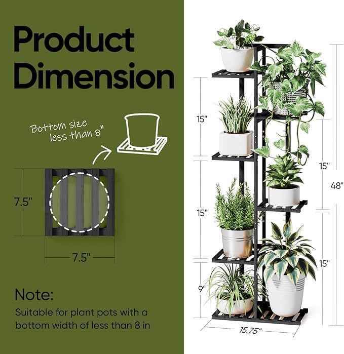 ROSSNY Plant Stand Indoor, 6 Tier 7 Potted Bamboo Plant Stands for Indoor Plants, Corner Plant Stand, Tiered Plant Stands, Plant Shelf For Indoor, 48 Inch Tall Planter Holder for Multiple Plants Indoor, Black