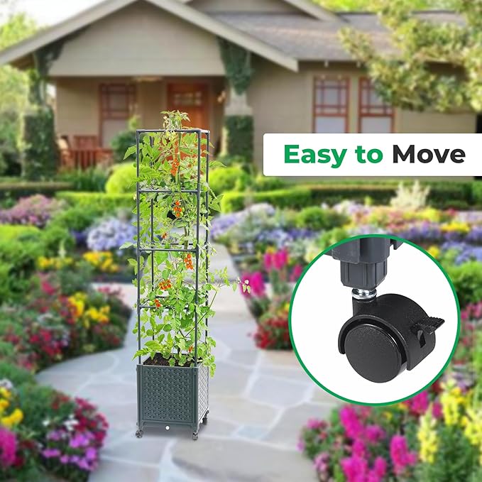 Raised Garden Bed with Tomato Planter Cage, 56.7” Trellis Planter Boxes with Wheels for Outdoor Patio Greenhouse Gardening Climbing Vegetables