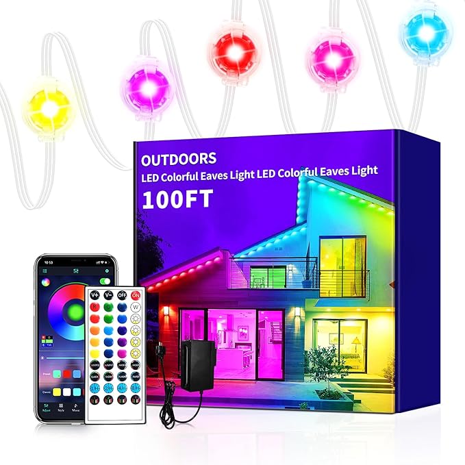 Permanent Outdoor Light,100ft RGB Eave Lights with App Control Remote,IP67 Waterproof LED Lights,Music Sync Outside Light for Christmas,Halloween,Garden,House Decorations