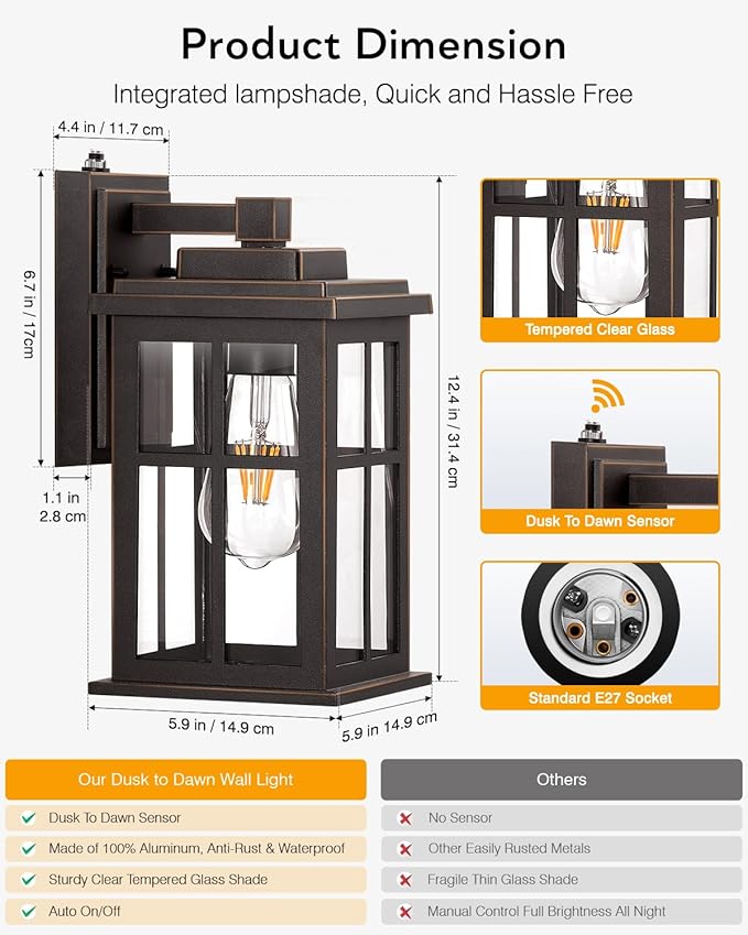 Dusk to Dawn Outside Lights for House, Oil Rubbed Bronze Anti-Rust Aluminum Exterior Lighting Fixtures, Easy-to-Install Waterproof Modern Outdoor Wall Light for Porch, Garage, Front Door