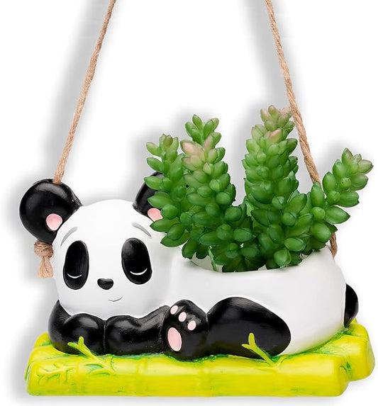 Panda Hanging Planter, Succulent Pot with Drainage, 6 ft Natural Fiber Cord, Ceramic Bear Animal Holder for Cacti & Small Plants, Decorative Panda Gift Decor for Women Men