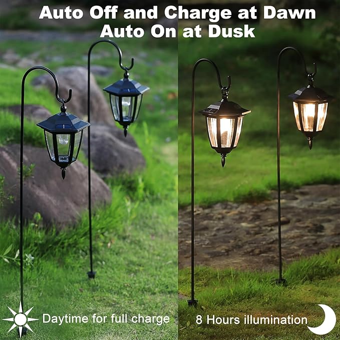Dynaming 2 Pack Solar Hanging Lights Outdoor, Solar Powered Garden Decorative Lanterns with 2 x 38 Inch Shepherd Hooks, Waterproof Landscape Lighting for Lawn Patio Yard Pathway Driveway, Warm White