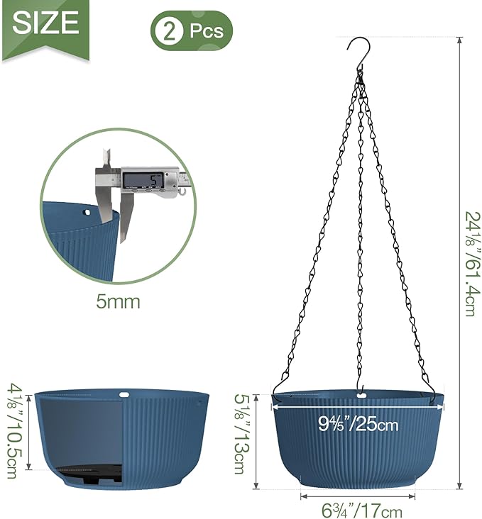 T4U 10 Inch Hanging Planters for Indoor Outdoor Plants, Hanging Baskets for Plants Pack of 2, Self Watering Hanging Pots with Drainage Hole for Garden Home Decor, Blue