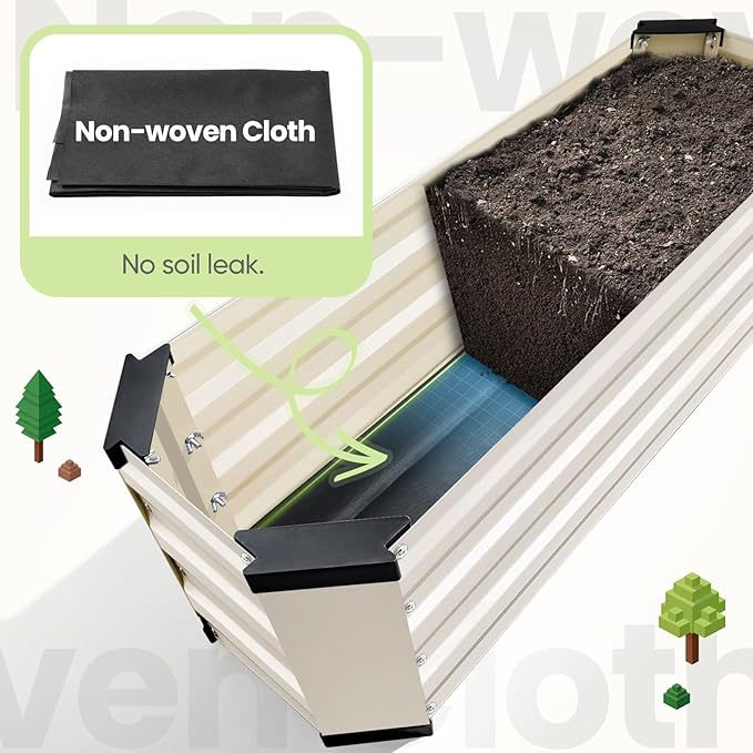 KING BIRD Raised Garden Bed Kit with Bottom 2025 Upgraded Galvanized Planter Garden Box Outdoor & Indoor for Gardening, Vegetables, Flowers, Beige, 35.4x11.8x11.8 in