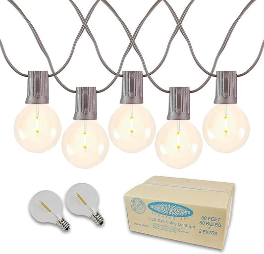 Novelty Lights 50 Feet G40 LED Patio String Lights with 50 Bulbs, Warm White, Weather Resistant and Shatterproof Replaceable Plastic Globe Bulbs, Brown Wire
