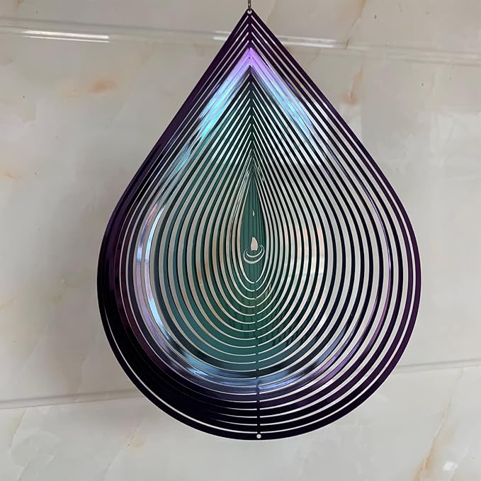Wind Spinner Garden Indoor Outdoor Decor 3D Stainless Steel Metal Hanging Decorations, 3D Water Droplets Pattern Metal Wind Sculptures & Spinners Whirligig Gifts with 12inch(Green&Purple)