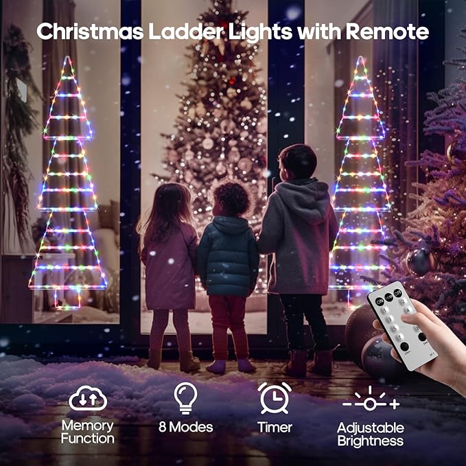 LED Christmas Lights Outdoor, 4.6ft Ladder Lights, Plug-in Christmas Tree Hanging Light, Waterproof 8 Light Modes Christmas Decoration for Indoor, Wall, Window, Garden - Multicolor