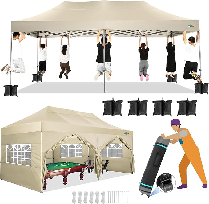 COBIZI 10x20 Canopy with Sidewalls, Heavy Duty Party Tent Pop up carpas para Fiestas, Tents for Parties, Wedding, Outdoor Easy Pop up Foldable Portable Canopy Tent with Wheeled Bag, Khaki Upgrade