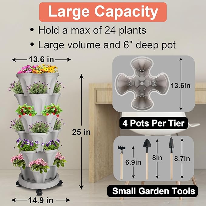 Vertical Planter 6 Tier Stackable Planters Garden Planters Strawberry Herb Flower and Vegetable Planter Indoor Outdoor Gardening Pots with Removable Wheels and Tools 2-Pack