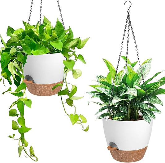 Hanging Planters for Indoor Outdoor Plants, 2 Pack Self Watering Hanging Pot with Drainage Holes & Removable Tray (White, 6'')
