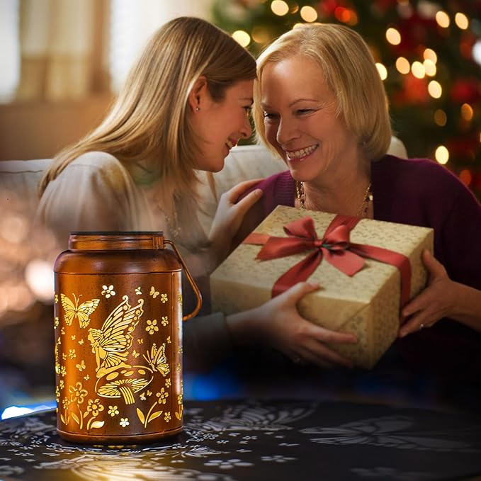 Fairy Solar Lanterns Outdoor Waterproof Hanging Butterfly Lights Hollow Out Metal Lantern Decorative Garden Graceful Light Christmas Decor for Patio,Landscape,Festival Gifts for Women Mom Grandma