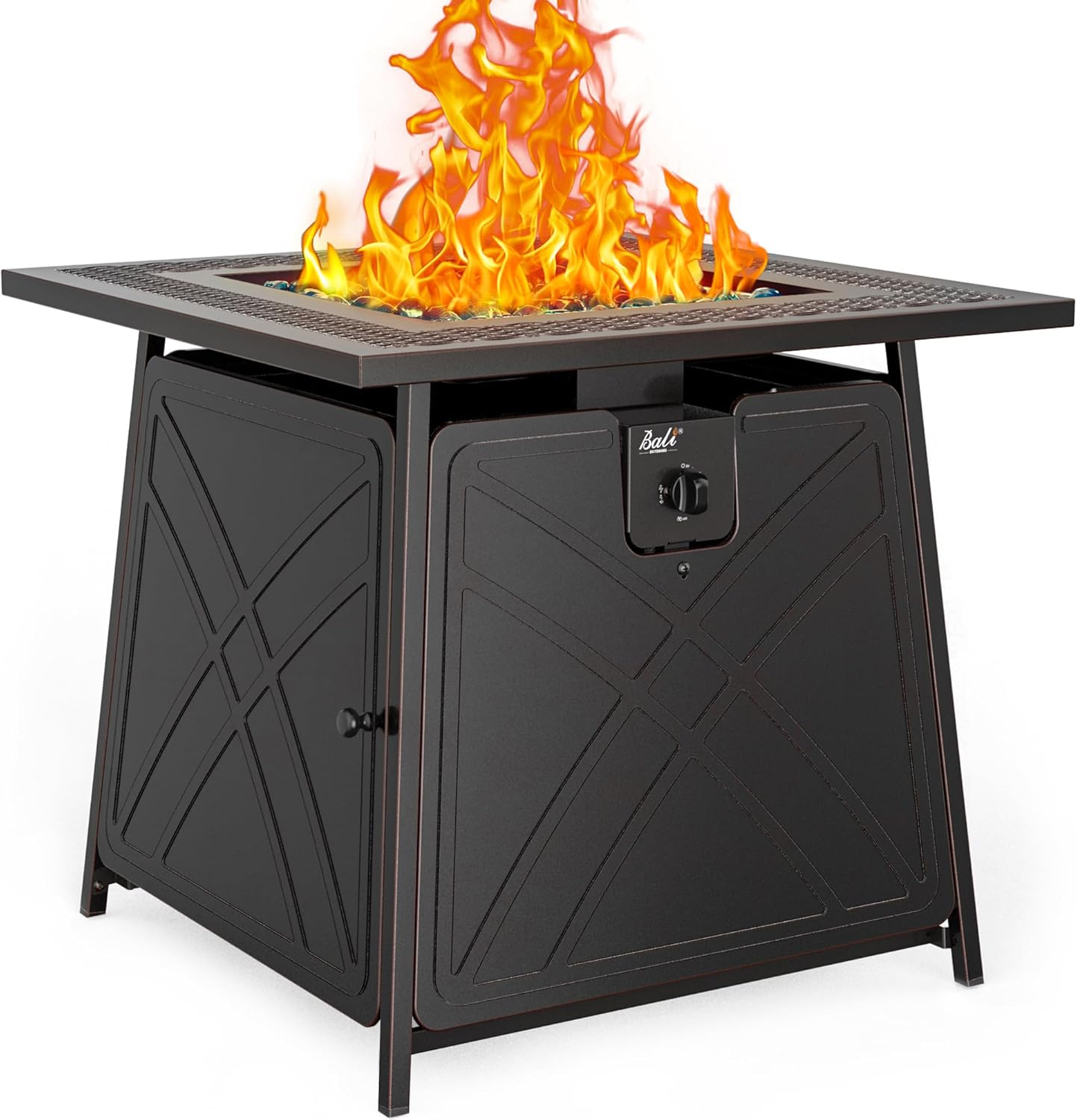 BALI OUTDOORS Gas FirePit Table, 28 inch 50,000 BTU Square Outdoor Propane Fire Pit Table with Lid and Blue Fire Glass