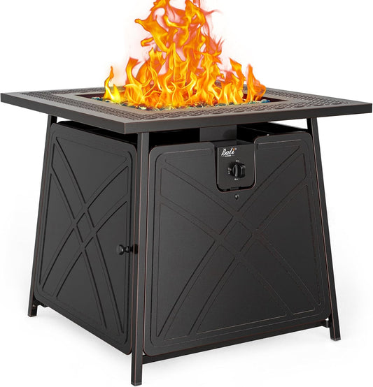 BALI OUTDOORS Gas FirePit Table, 28 inch 50,000 BTU Square Outdoor Propane Fire Pit Table with Lid and Blue Fire Glass