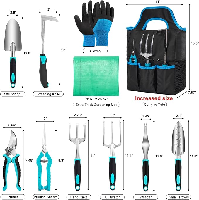 Garden Tool Set with Non Slip Rubber Grip,11 Piece Stainless Steel Gardening Tool Sets,Thickened Repotting Mat & Storage Tote Bag,Heavy Duty Outdoor Hand Tools Uprooting Weeding Tool, Ideal Gifts Blue
