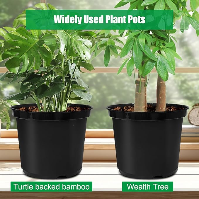 5 Gallon Pots for Plants, 12 Inch Plastic Nursery Pots with Drainage Holes, Round Sturdy Garden Pots for Outdoor Indoor Plants, Deep Nursery Plant Pots Planter, (5-Pack, Black)