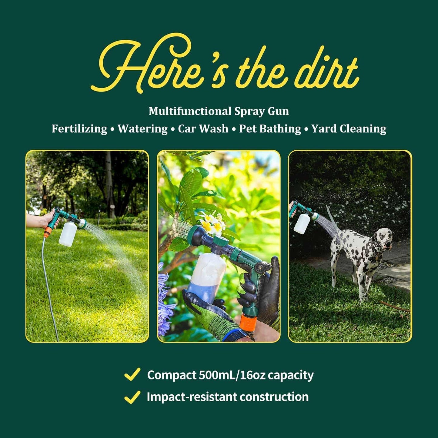 VENETIO 8-Dial Hose Nozzle Sprayer for Liquid Fertilizer & Chemicals | Multi-Purpose Lawn & Garden Spreader Tool for Watering, Fertilizing, Pet Washing & Outdoor House Cleaning, 16oz Dispenser Bottle