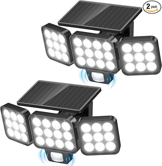 WdtPro 2025 Solar Lights Outdoor Flood Light, 3500LM Bright Motion Sensor Outdoor Lights, 3 Heads & Upgrade Glass Panel, LED Solar Powered Security Light Spotlights Waterproof for Outside Yard-2Pack