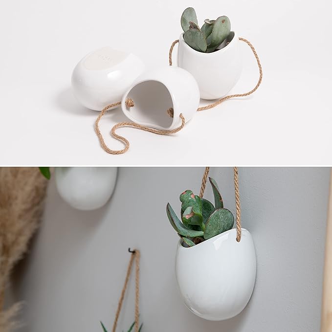 Wall Planters -Ellie- | Hanging Ceramic Plant Pots 3 Pieces | Wall Decoration for Indoors, Balcony and Garden | White (Glossy)