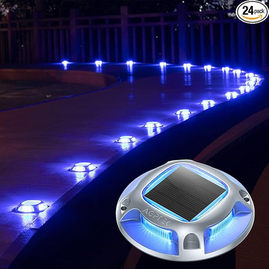 AGPTEK Solar Driveway Lights Outdoor 24 Pack, 2 Color Modes LED Deck Dock Marine Waterproof Security Marker Lights for Step Sidewalk Stair Garden Pathway Walkway Yard(Blue Light/Cool White)